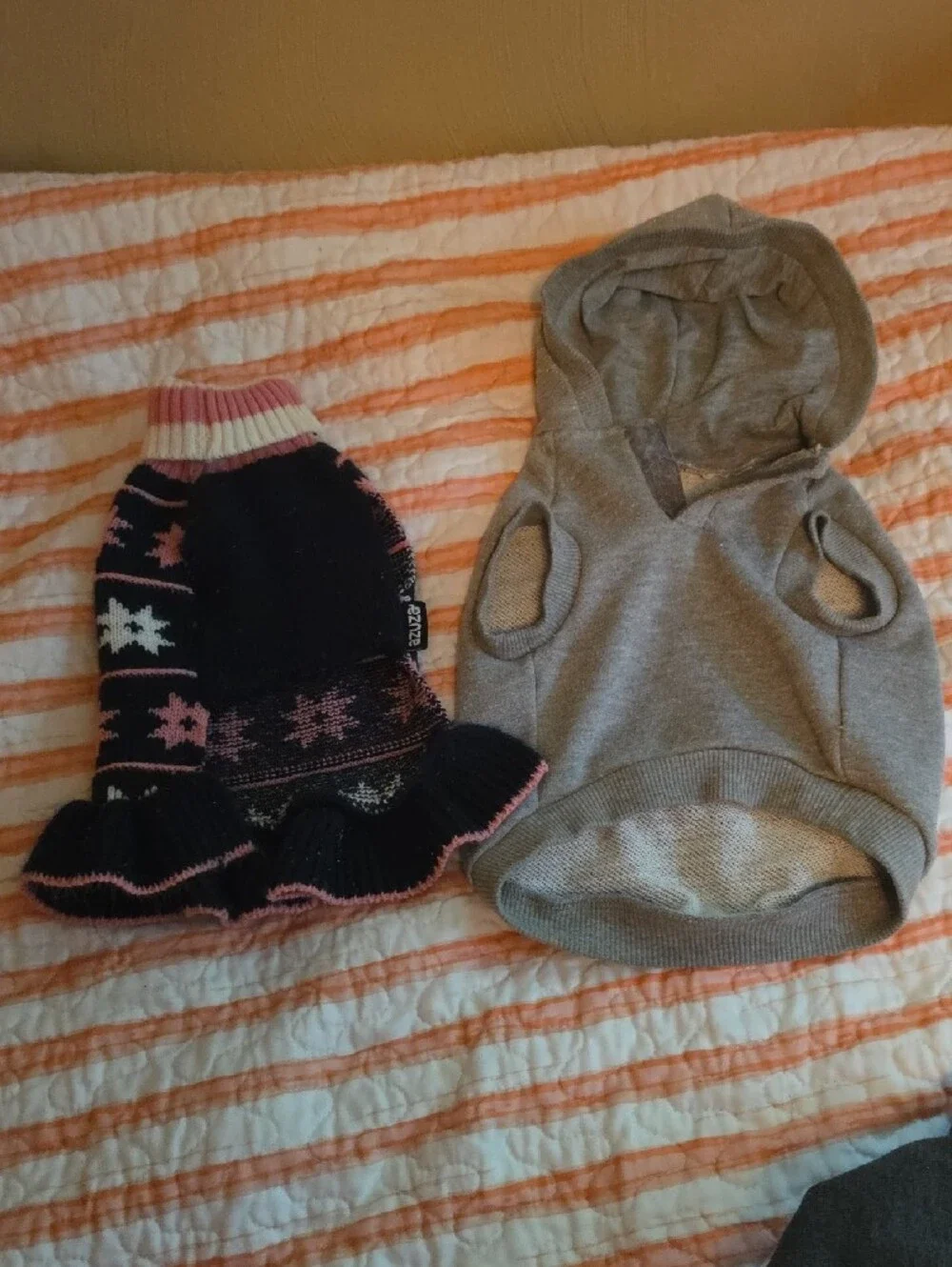 Gray Hooded Pet Sweater with Pink Sequin Bow + Navy Pink Knit Dress